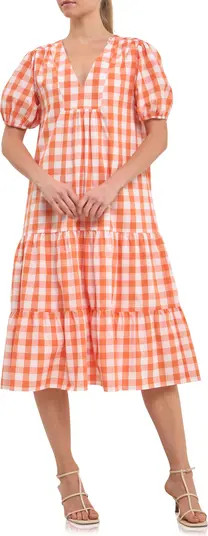 English Factory Gingham Tiered Puff Sleeve Cotton Midi Dress | Nordstrom | Nordstrom