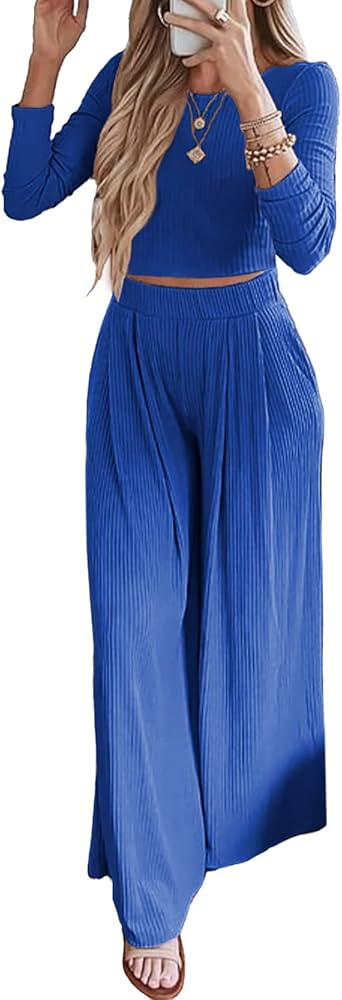 BTFBM Women's Two Piece Lounge Set Long Sleeve Bodycon Ribbed Knit Crop Top Loose Wide Leg Pant Casu | Amazon (US)