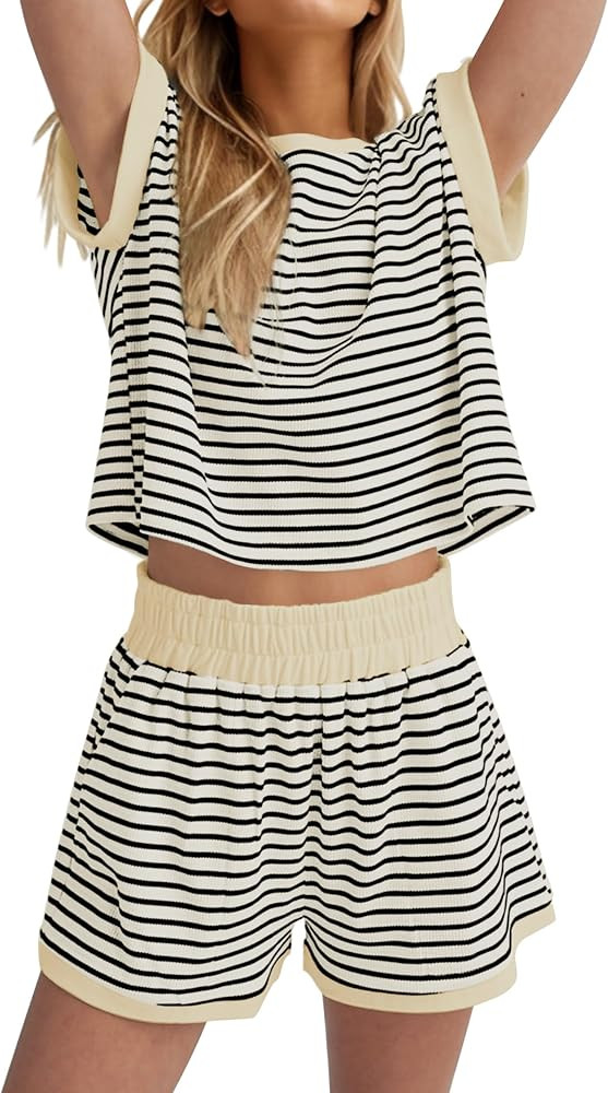 SAFRISIOR 2 Piece Knit Sets Women Summer Striped Lounge Short Sleeve Tee Shirts and Shorts Ribbed... | Amazon (US)