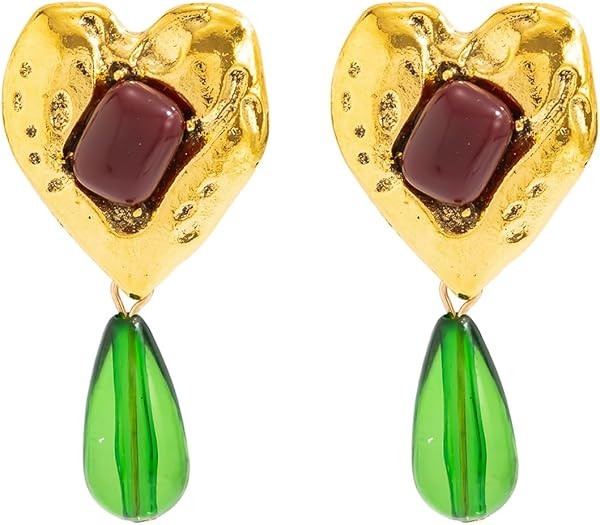 Vintage Gold Heart Dangle Drop Earrings for Women,Unique Green Resin Waterdrop Dangly Earrings Va... | Amazon (US)