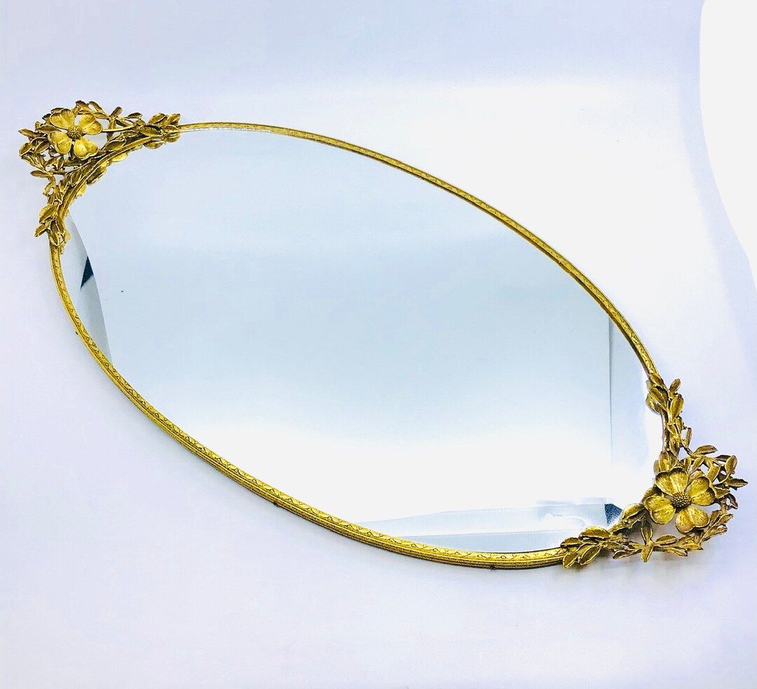Vintage Large Gold Brass Mirror Vanity Tray Ormolu Dogwood Flower Handles 21x 10.5 - Etsy | Etsy (US)