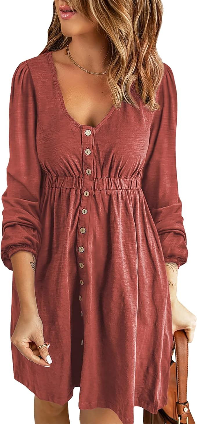 BTFBM Women 2023 Casual Button Down Summer Fall Dresses Long Sleeve Crew Neck Solid High Waist Sh... | Amazon (US)