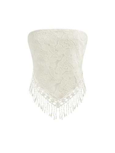 CIDER Santorini Beach Vacation Floral Lace Tassel Crop Tube Top: White, L | Amazon (US)