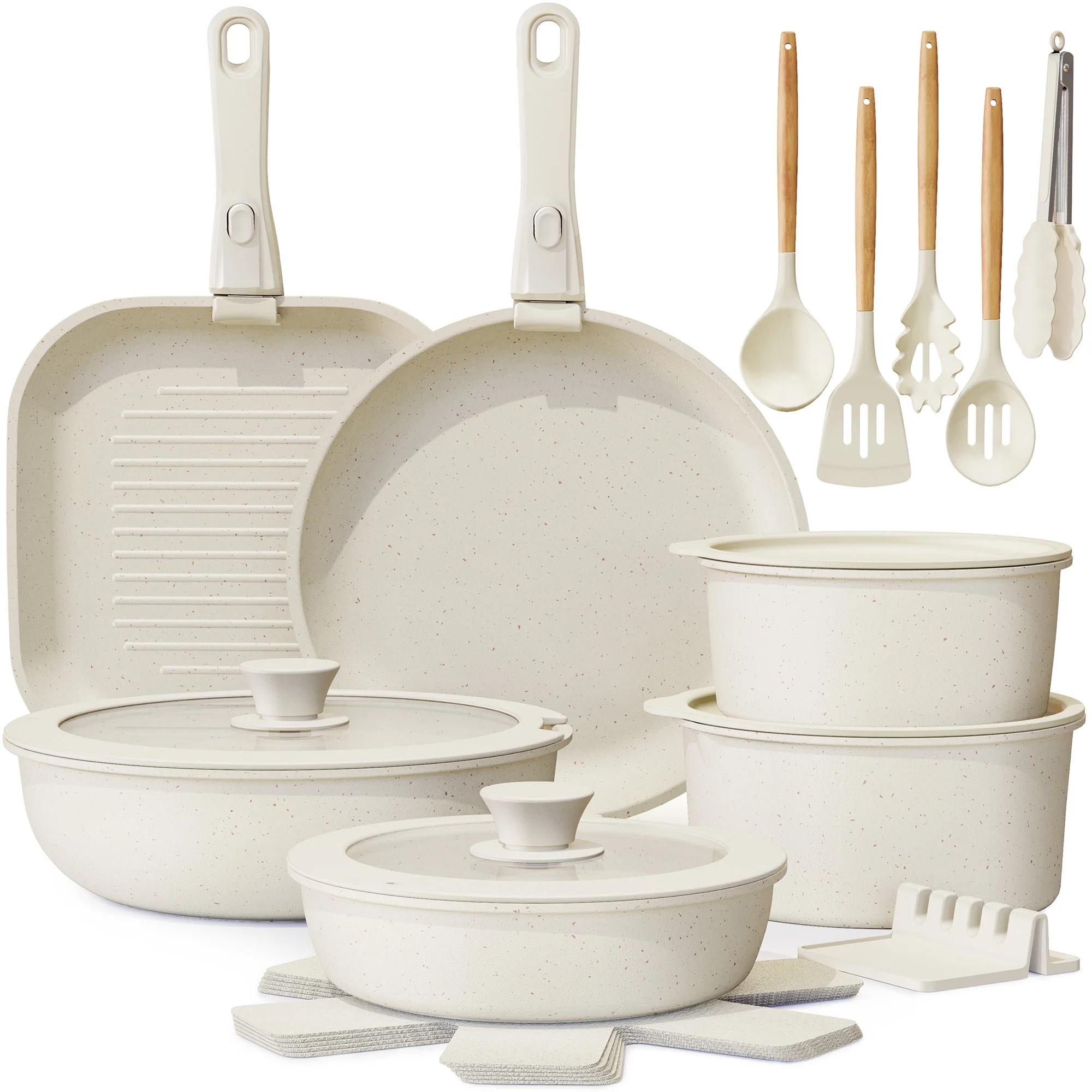 Astercook 22 Piece Ceramic Pots and Pans Set Non Stick, Cookware Set with Detachable Handles, Oven Safe, Induction Ready, Stackable RV Kitchen Cooking Set, Cream White | Walmart (US)