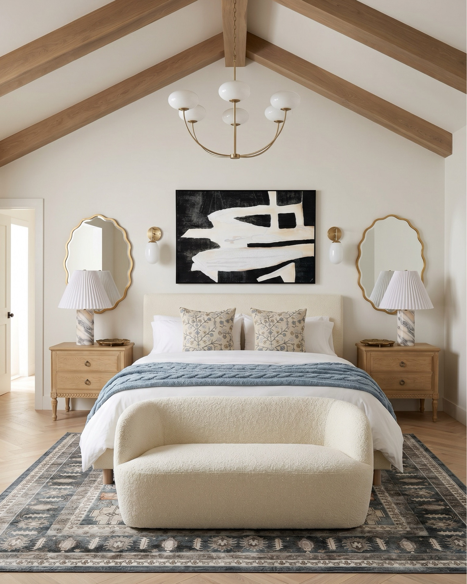 Warm organic modern interiors with light oak wood tones, boucle seating, brass lighting, layered neutrals, and timeless designer-inspired decor. These cozy luxury spaces blend transitional style with modern farmhouse warmth for a high-end yet livable feel. Perfect inspiration for anyone searching for neutral bedroom ideas, modern dining room decor, wood beam ceilings, boucle furniture, and curated home styling finds. 

Shop these spaces: • Upholstered platform bed • Cream boucle bedroom bench • Light oak nightstands • Scalloped gold mirrors • Marble table lamps • Brass wall sconces • Modern brass chandelier • Abstract black and cream artwork • Neutral patterned accent pillows • Blue knit throw blanket • Vintage inspired blue area rug • Light wood ceiling beams • Herringbone wood flooring • Oak dining table • Boucle dining chairs • Cloud globe pendant chandelier • Large wood buffet cabinet • Glass front hutch cabinet • Oversized neutral wall art • Ceramic vases and sculptural decor • Brass and milk glass sconces • Indoor olive tree styling • Neutral textured rugs • Organic modern dining decor • Cozy layered bedding • High-end transitional furniture

#LTKsale #LTKhome #LTKstyletip