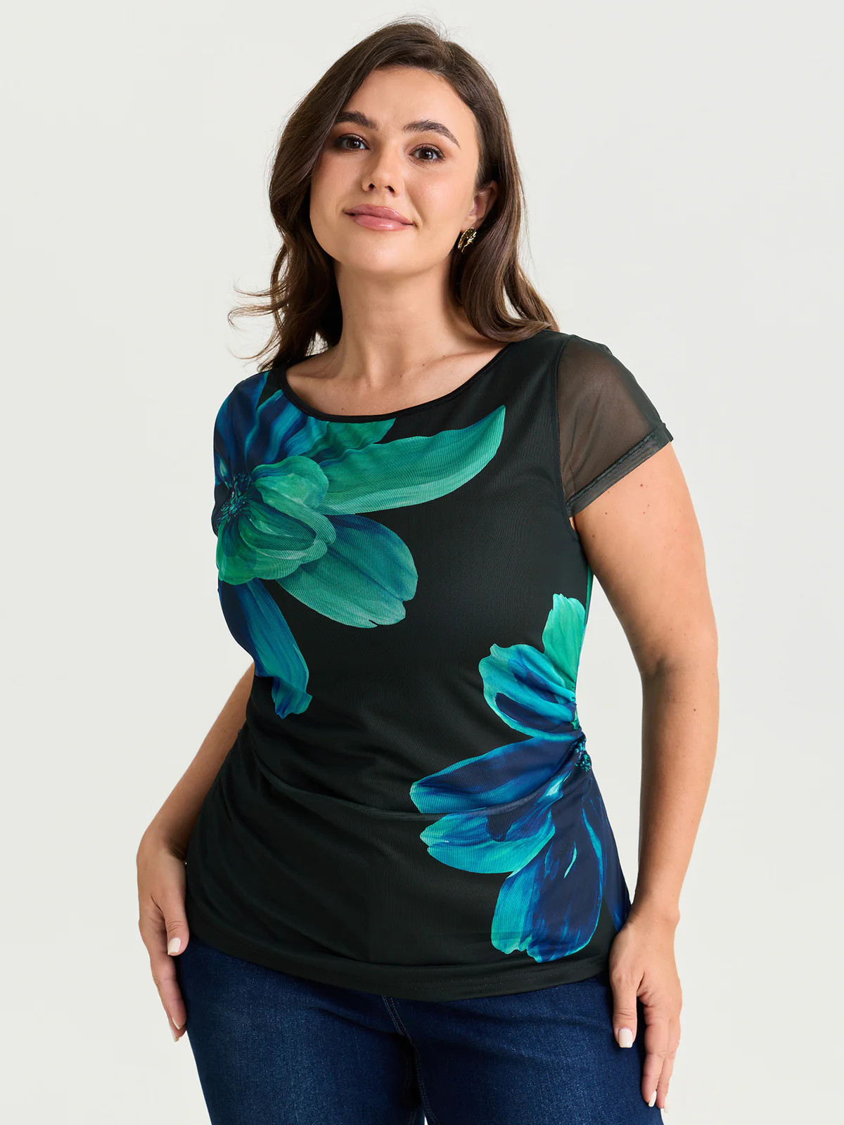 Floral Print Boat Neckline Fitted T-Shirt | Bloomchic