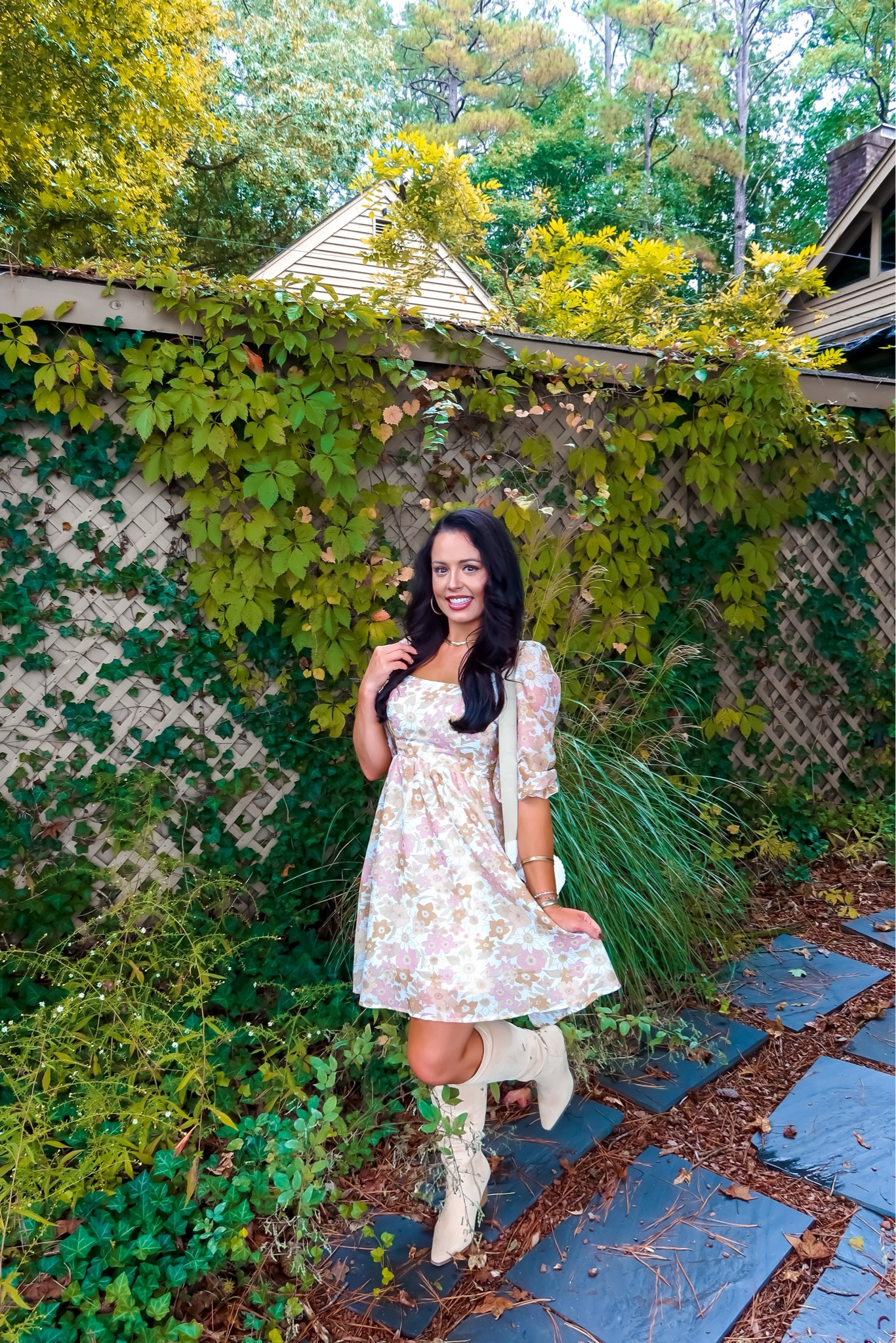 Under $25 Amazon floral babydoll dress (small, multiple colors), under $60 Amazon suede boots (tts), under $30 Amazon white saddlebag purse - a perfect fall or thanksgiving look! #founditonamazon

#LTKFindsUnder50 #LTKSaleAlert #LTKHoliday