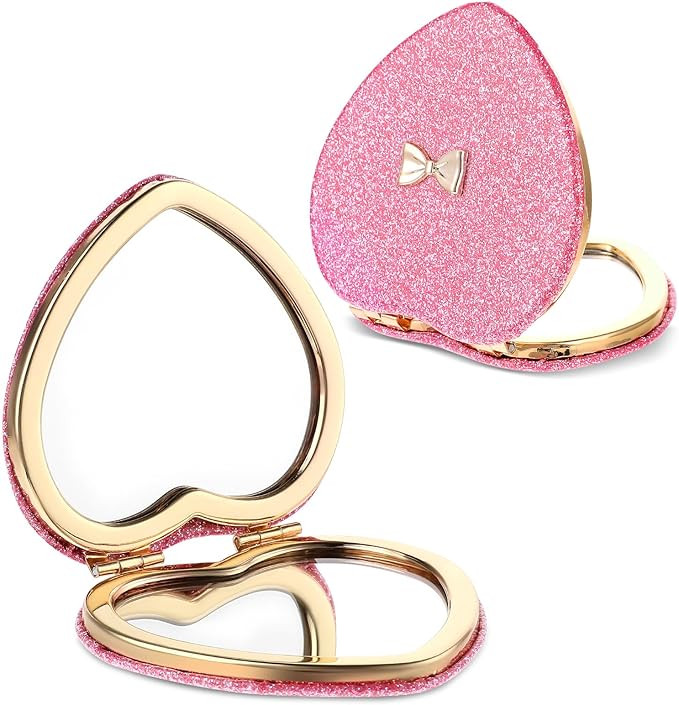 2 Pcs Pink Heart Shaped Compact Mirror, Glitter Cute Bow Magnifying Folding Purse Mirrors Portabl... | Amazon (US)