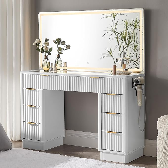 T4TREAM 48" Fluted Makeup Vanity Desk with Led Lighted Mirror, White | Large Modern Vanity Table ... | Amazon (US)