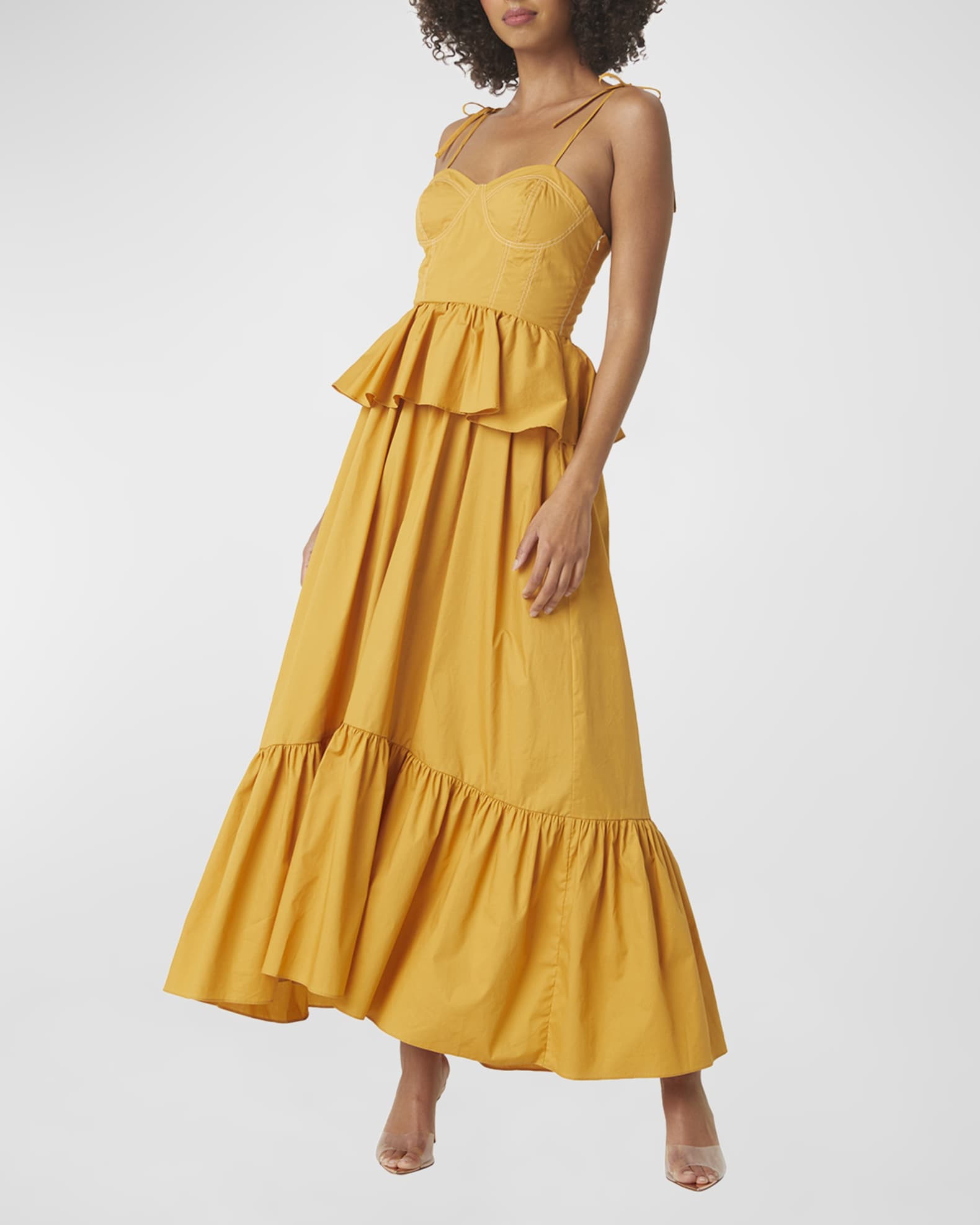 MISA Los Angeles Rosie Bustier Peplum-Waist Poplin Maxi Dress | Neiman Marcus