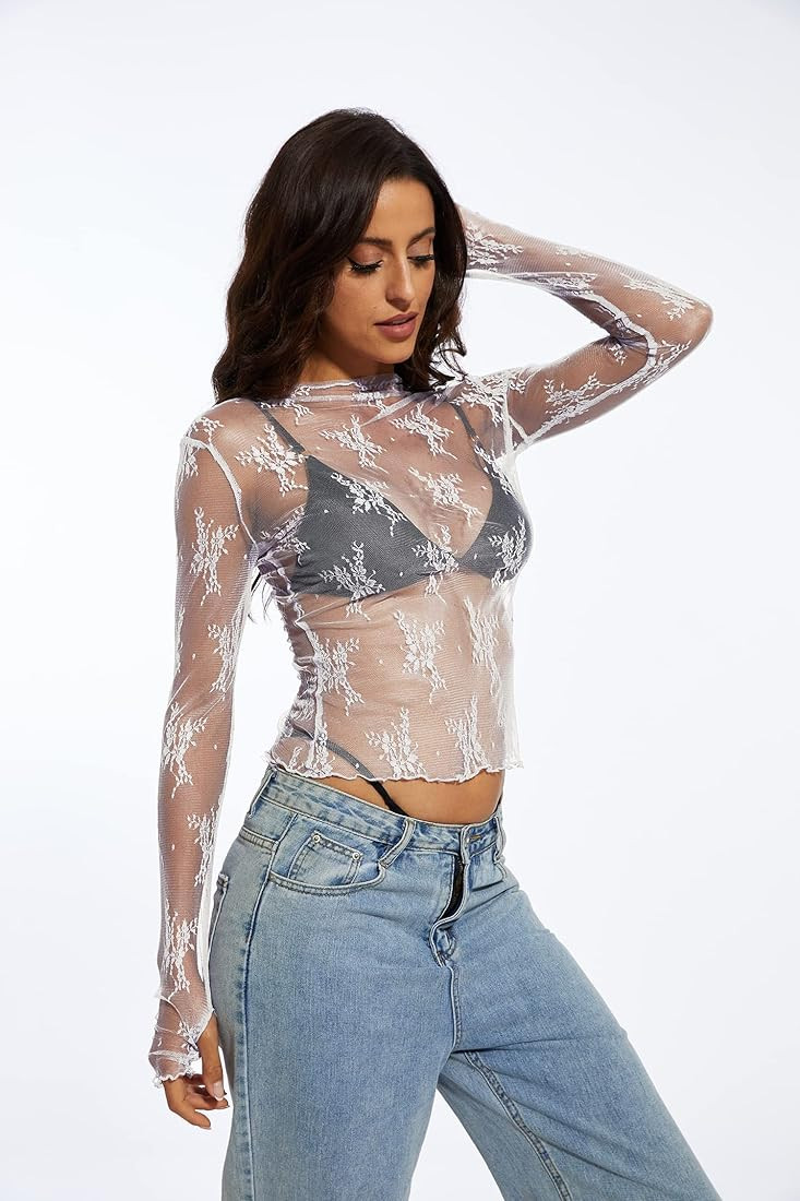 MISSACTIVER Women Sexy Floral Lace Embroidery See Through Long Sleeve T-Shirt Sheer Mesh Mock Ne... | Amazon (US)