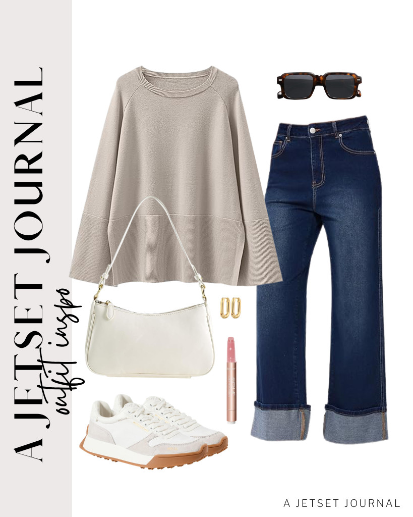 A stylish dark gray knit sweater pairs beautifully with these wide-leg, baggy jeans and Adidas tennis shoes. This classy shoulder bag, paired with these SOJOS cat-eye round sunnies, makes it more refined. Now you have an effortless chic outfit that you’ll want to wear again and again. 

 #LTKSeasonal #LTKSaleAlert #LTKTravel