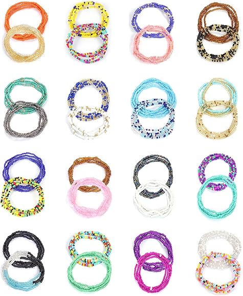 ORAZIO 32Pcs Waist Beads for Women Colorful Body Chains Set Elastic African Belly Beads Waist Beads  | Amazon (US)