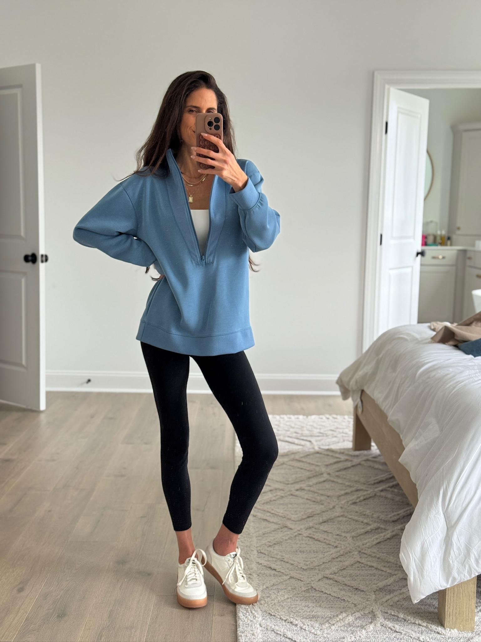 An easy throw-on outfit that’s comfortable but still feels put together. A soft quarter zip with leggings and classic sneakers for everyday wear. Casual outfit ideas, teacher style, athleisure outfit, comfortable fashion finds.

#LTKSeasonal #LTKFindsUnder50 #LTKootd
