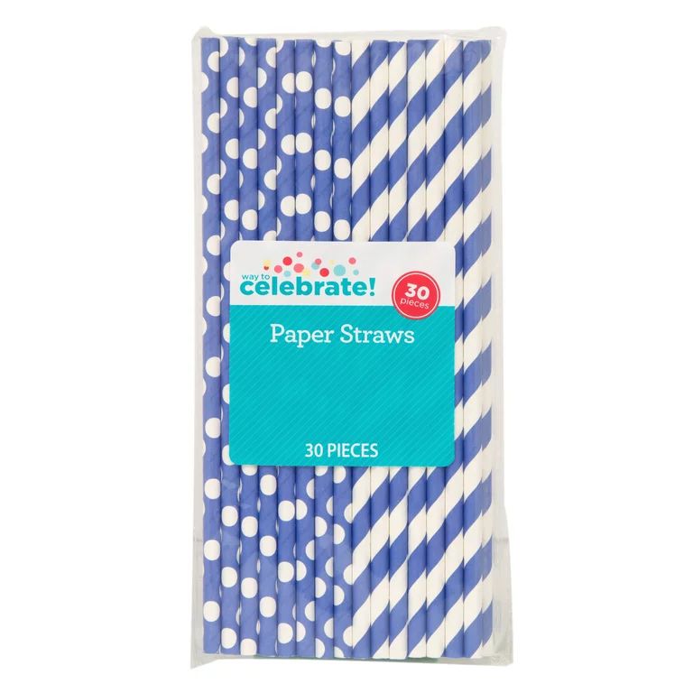 Way to Celebrate! Blue Polka Dot & Striped Paper Straws, 30ct | Walmart (US)