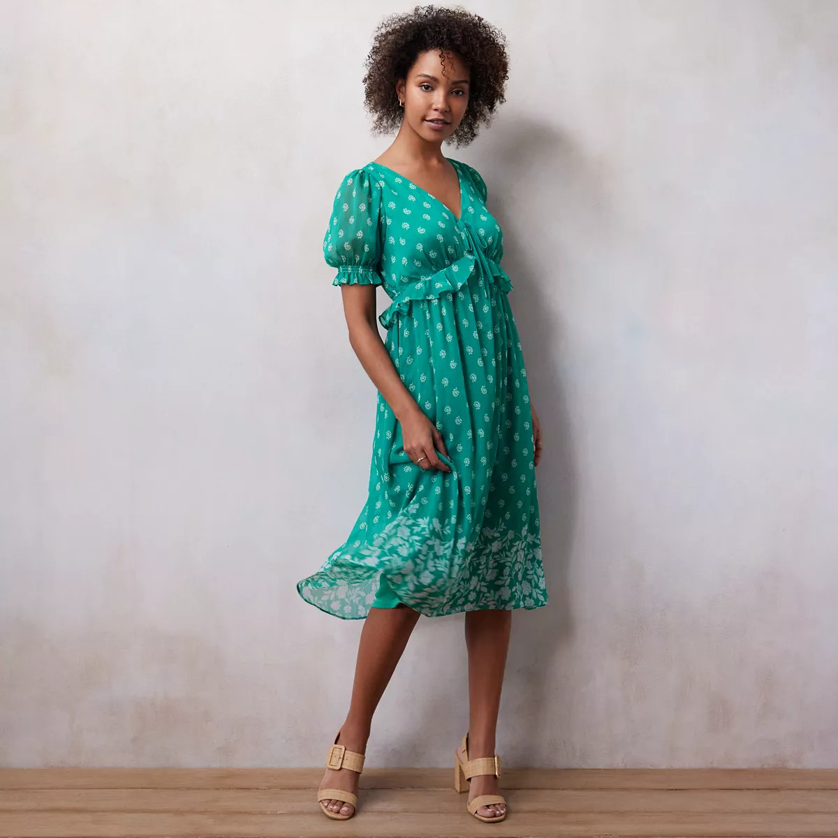 Women's LC Lauren Conrad Floral Print Pleated Empire Waist Chiffon V-Neck Midi Dress | Kohl's