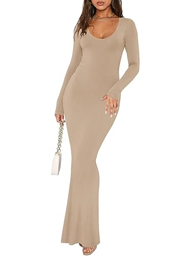 REORIA Women's Sexy Casual Scoop Neck Long Sleeve Lounge Long Dress Elegant Fall Wedding Guest Tight Ribbed Bodycon Maxi Dresses Khaki X-Small | Amazon (US)