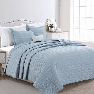 FRESHFOLDS Chambray Blue Full/Queen Premium Solid Channel Stitched 3-Piece Microfiber Quilt Set E... | The Home Depot