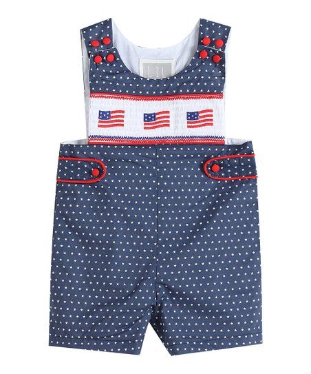 Navy Polka Dot American Flag Smocked Shortalls - Infant & Toddler | Zulily