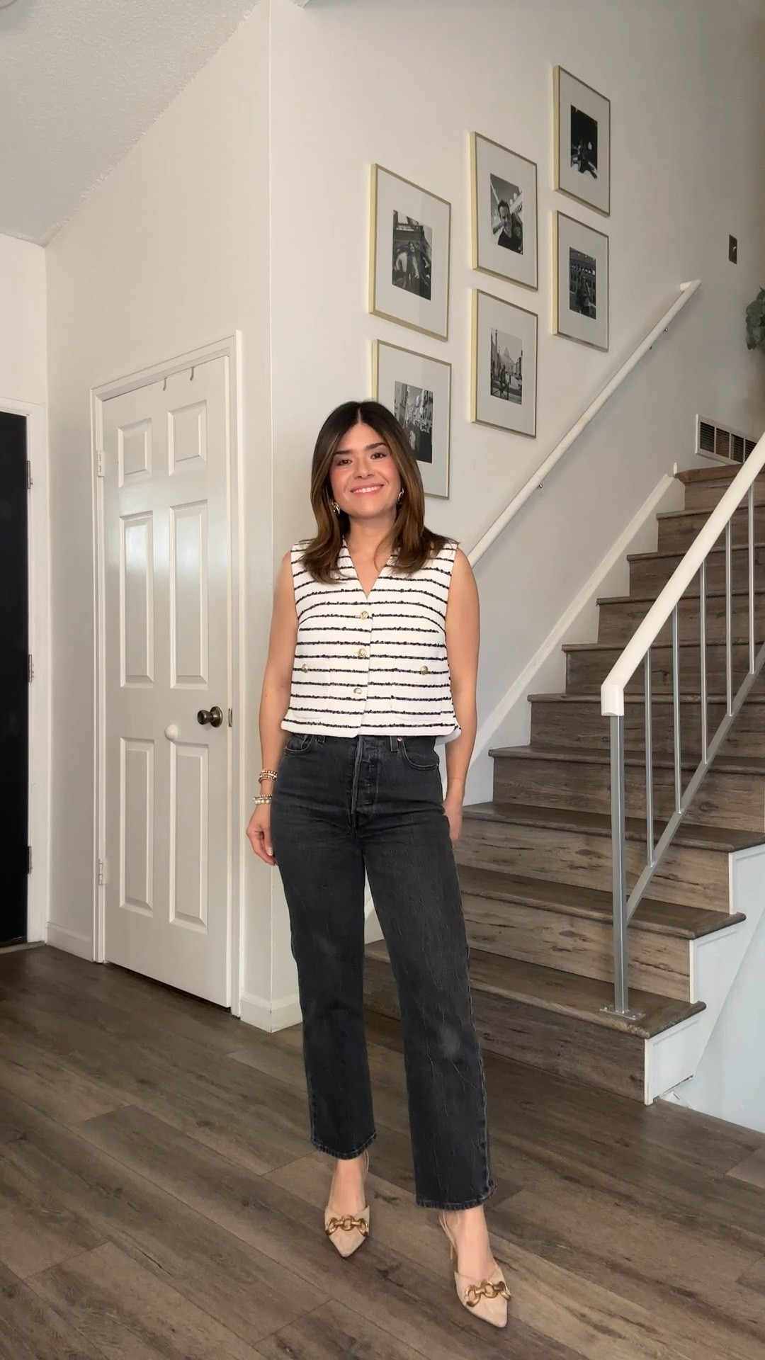 This vest is so chic and versatile. 
It runs tts. The jeans are 30% off right now! 
Vest size xs
Jeans size 25

#LTKWatchNow #LTKStyleTip #LTKFindsUnder100