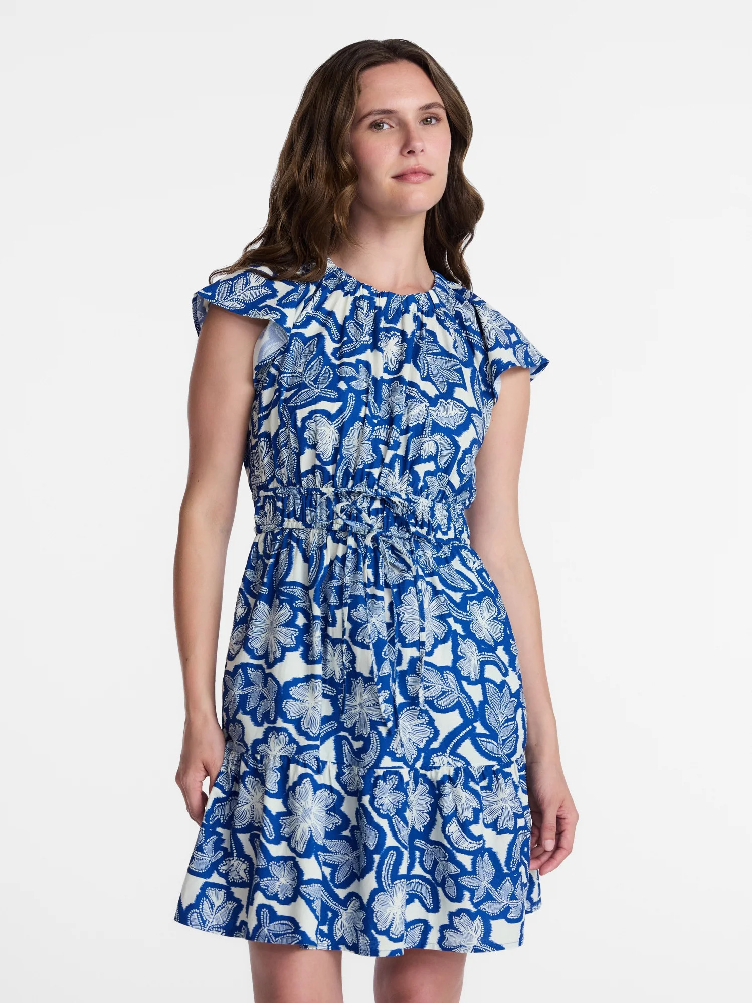 Time and Tru Women's Cinched Waist Mini Dress with Flutter Sleeves, Sizes XS-XXXL | Walmart (US)