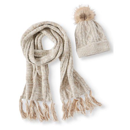 Time and Tru Marled Cable Oblong Scarf and Cable Knit Hat with Fur Pom Gift Set | Walmart (US)