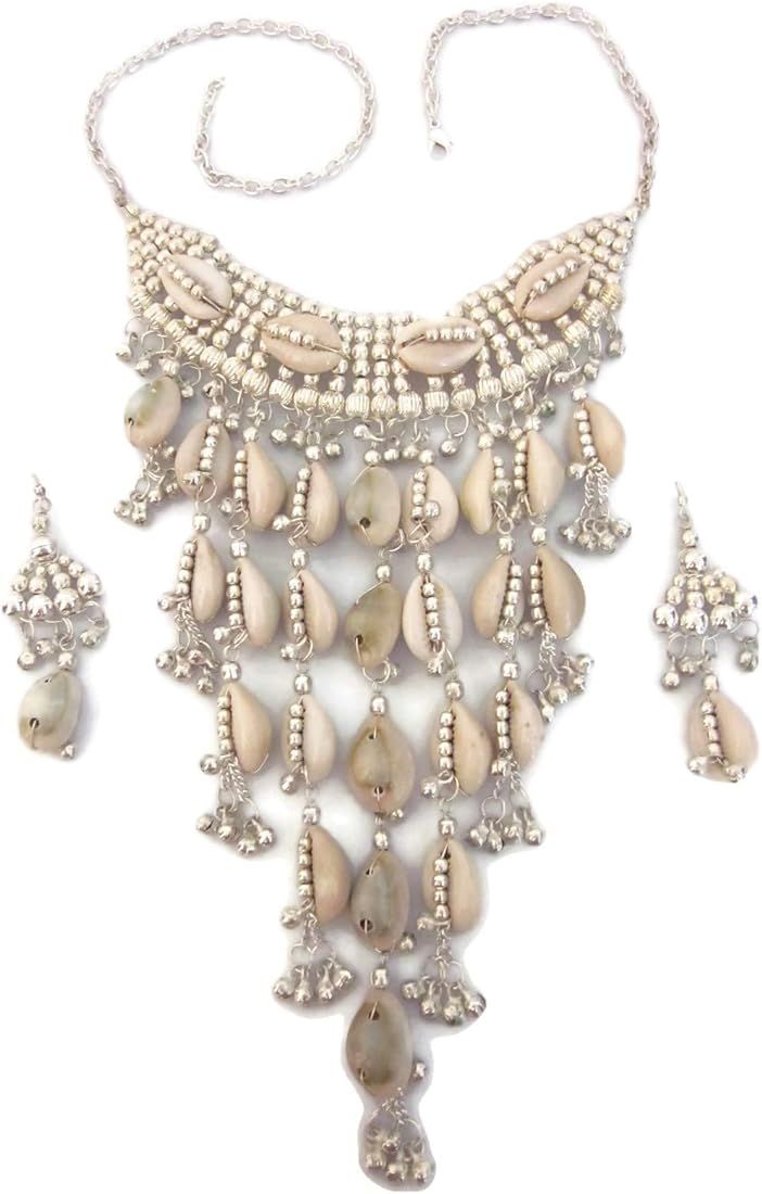 Statement Chunky Natural Cowrie Sea Shells Necklace Earring Set | Artisan Handmade Womens Fashion Je | Amazon (US)