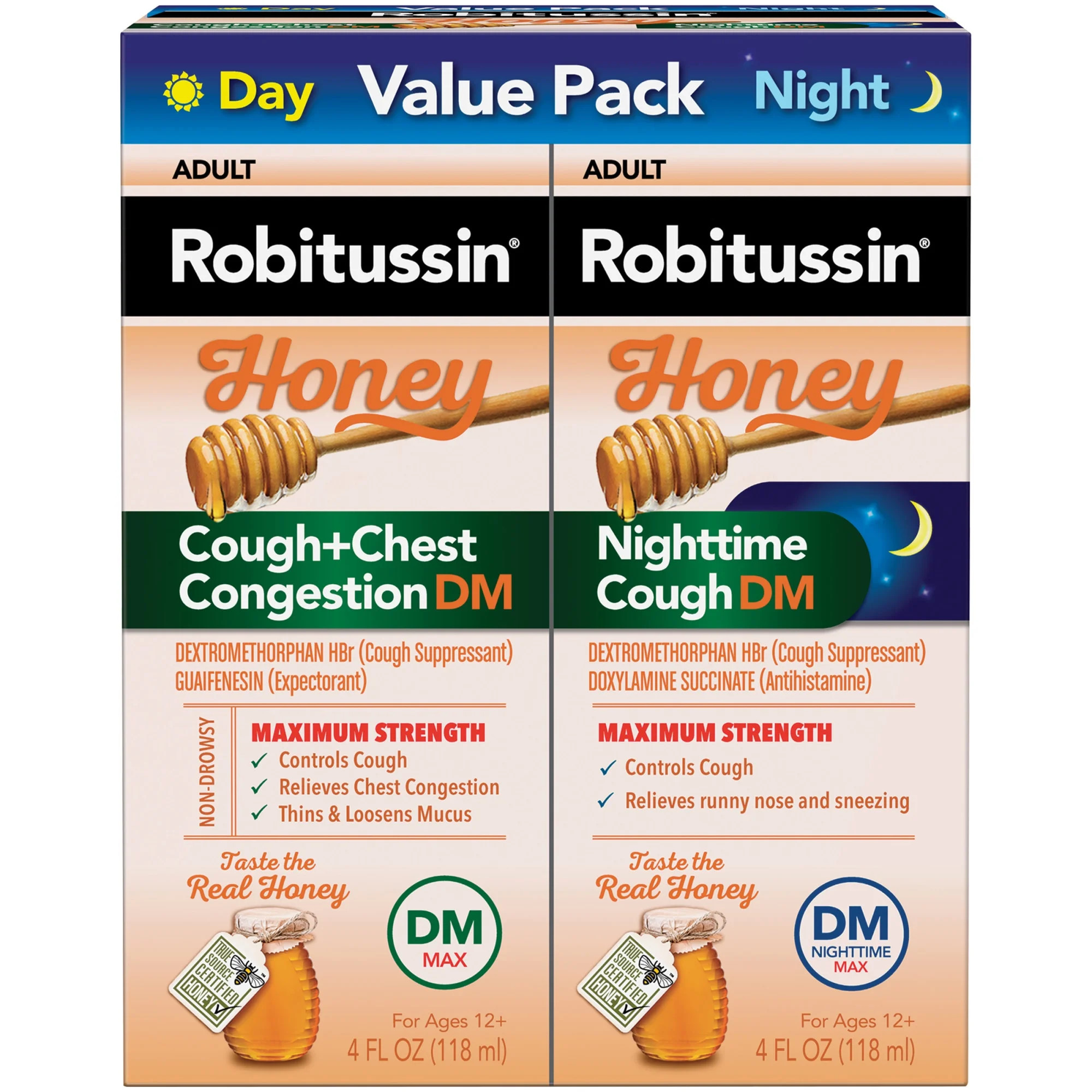 Robitussin Max Strength Cough Congestion DM and Cold Medicine for Nighttime Relief, Honey, 4 Fl O... | Walmart (US)