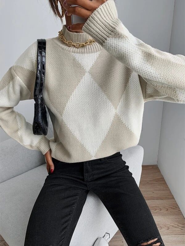 Mock Neck Argyle Pattern Drop Shoulder Sweater
   
      SKU: swsweater23210616866
          (500... | SHEIN
