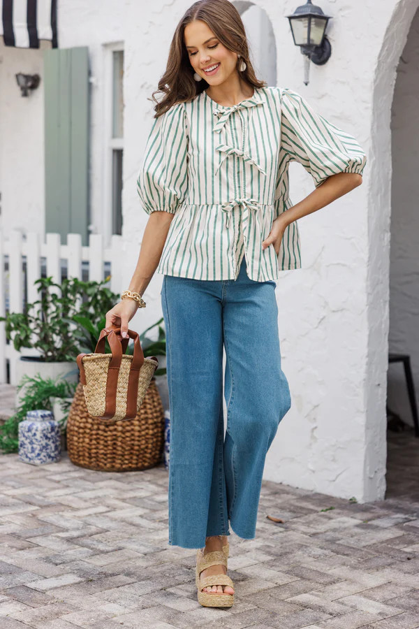 An Inspiration Sage Green Striped Blouse | The Mint Julep Boutique