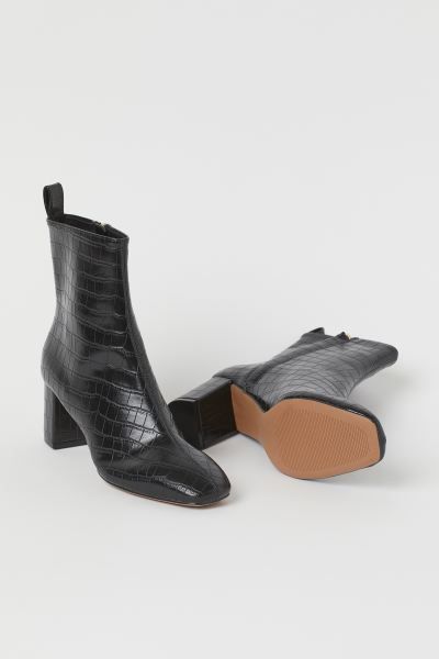 Ankle boots in imitation leather with covered block heels and chisel toes. Visible seams front an... | H&M (UK, MY, IN, SG, PH, TW, HK)
