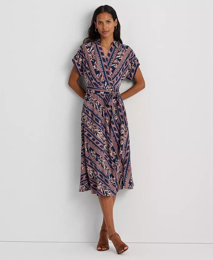 Lauren Ralph Lauren Women's Geo-Stripe Belted Crepe Dress - Macy's | Macy's
