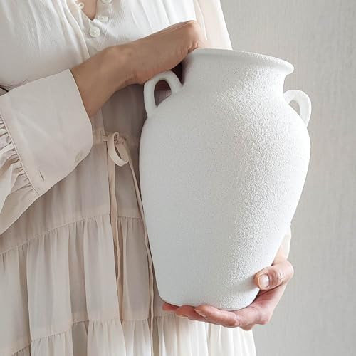 White Ceramic Pottery Barn Vase with Handles - 10" Large Decorative Terracotta Vase for Pampas Grass, Rustic Farmhouse Boho Vases for Home Decor, Living Room, Mantel, Table, Shelf | Amazon (US)