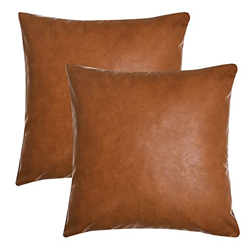 Tosewever Faux Leather Throw Pillow Covers, 20 x 20 inch Set of 2 Luxury Cognac Brown Modern Pillowcases Solid Decorative Square Cushion Cases for Bedroom Living Room Couch Bed Sofa (Brown, 20" x 20") | Amazon (US)