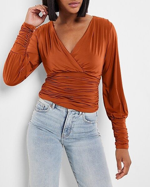 Silky Faux Wrap Ruched Top | Express