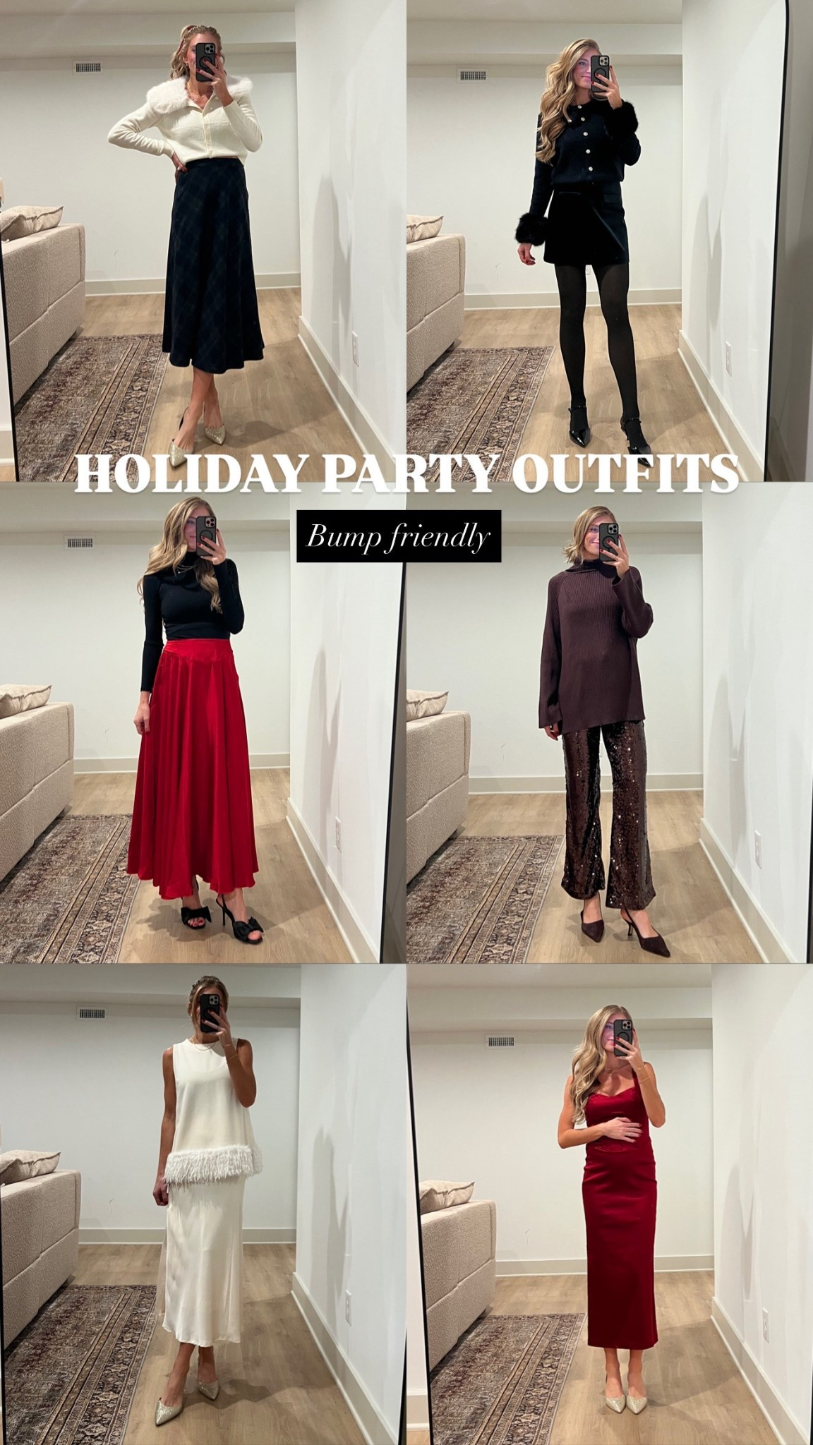 Holiday party outfit ideas
Sizing:
My usual medium in all tops except small in brow turtleneck 
4 in red skirt (size down)
6 in plaid skirt for bump. Normally runs tts
4 in black velvet skirt for bump (size down)
Medium tall in dress for bump. Usually runs tts
Medium in white skirt for bump
Medium in sequin pants for bump

#LTKSeasonal #LTKHoliday #LTKTall