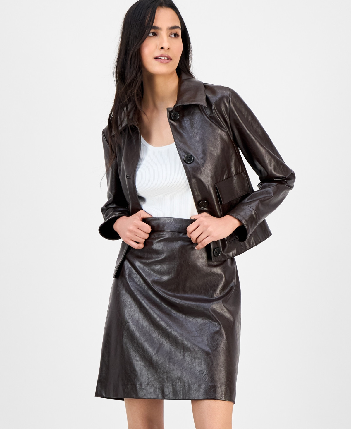 Anne Klein Women's Faux Leather Mini Skirt - Deep Mahogany | Macy's