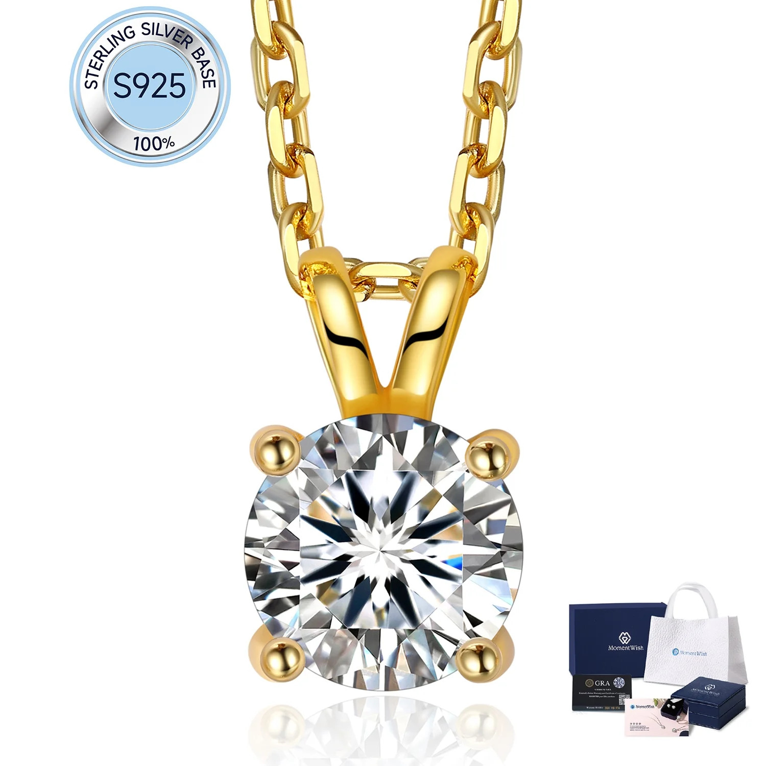 MomentWish 1 Carat Round Cut Lab Grown Diamond Solitaire Pendant Necklace 14K Gold Plated for Women - Walmart.com | Walmart (US)