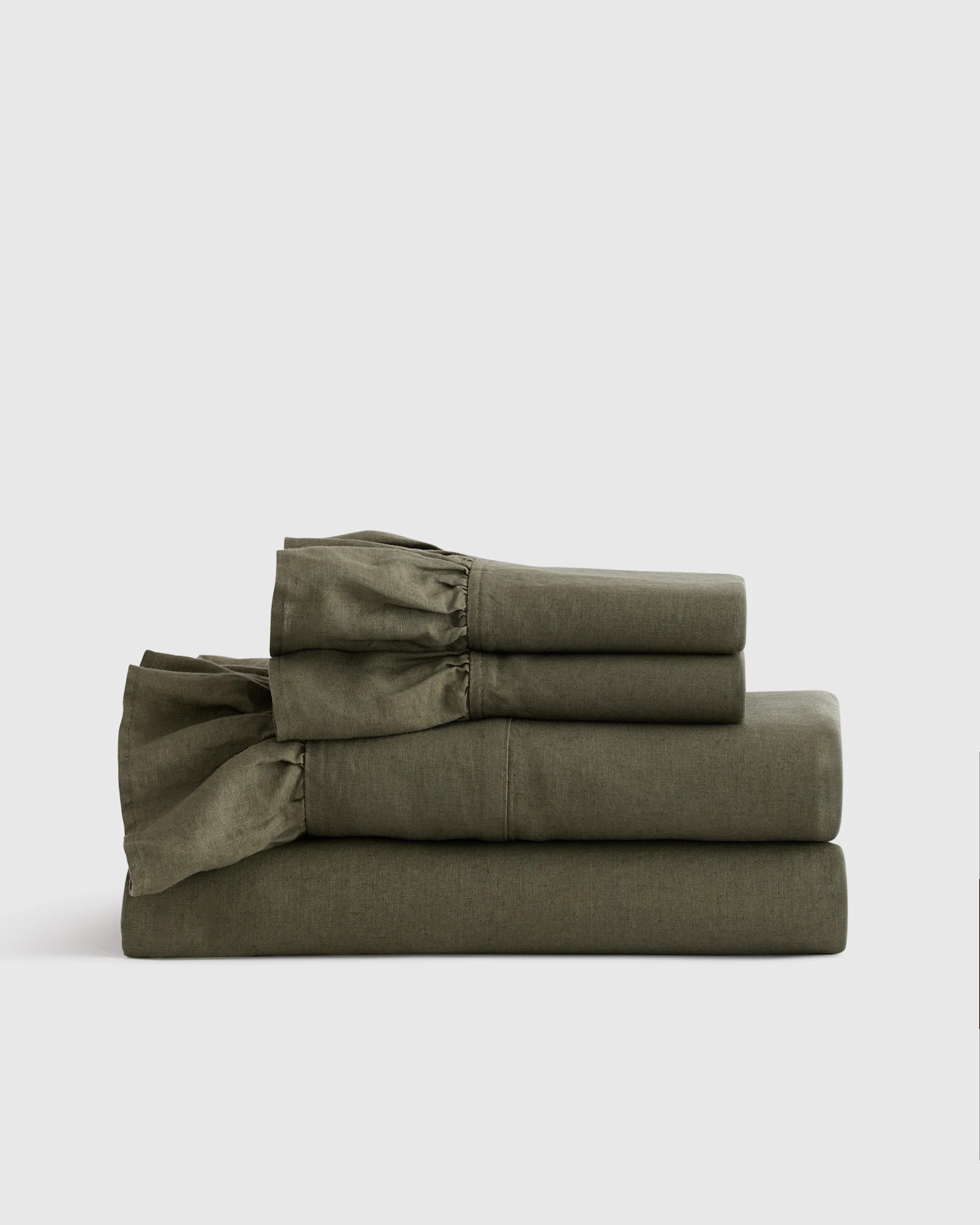 Quince | European Linen Ruffle Sheet Set in Dusty Olive, Size Full | Quince