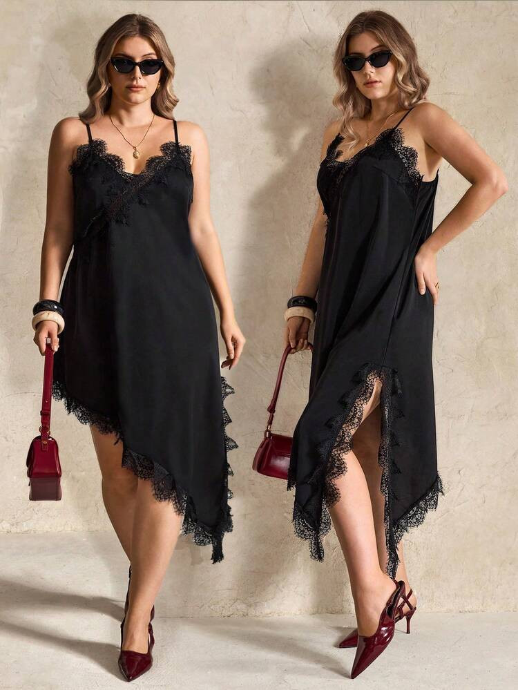 Elegantrix Plus Size Women Urban Casual Everyday Lace Asymmetric Hem V-Neck Patchwork Solid Color... | SHEIN