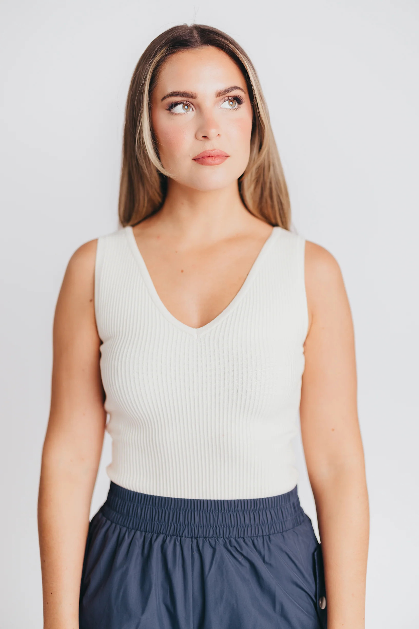 Emerson Bodycon Ribbed V-Neck Tank in Cream | Worth Collective