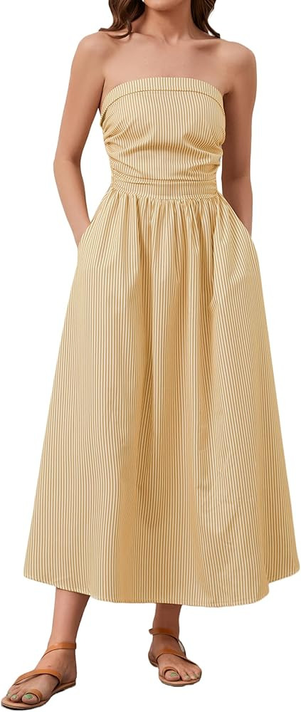 Striped Strapless Maxi Dress for Women Sleeveless Flowy Long Dress Summer Casual Tube Dress with ... | Amazon (US)