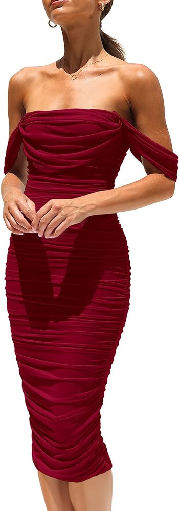 PRETTYGARDEN Wedding Guest Dress 2025 Summer Off Shoulder Ruched Elegant Sexy Bodycon Homecoming ... | Amazon (US)