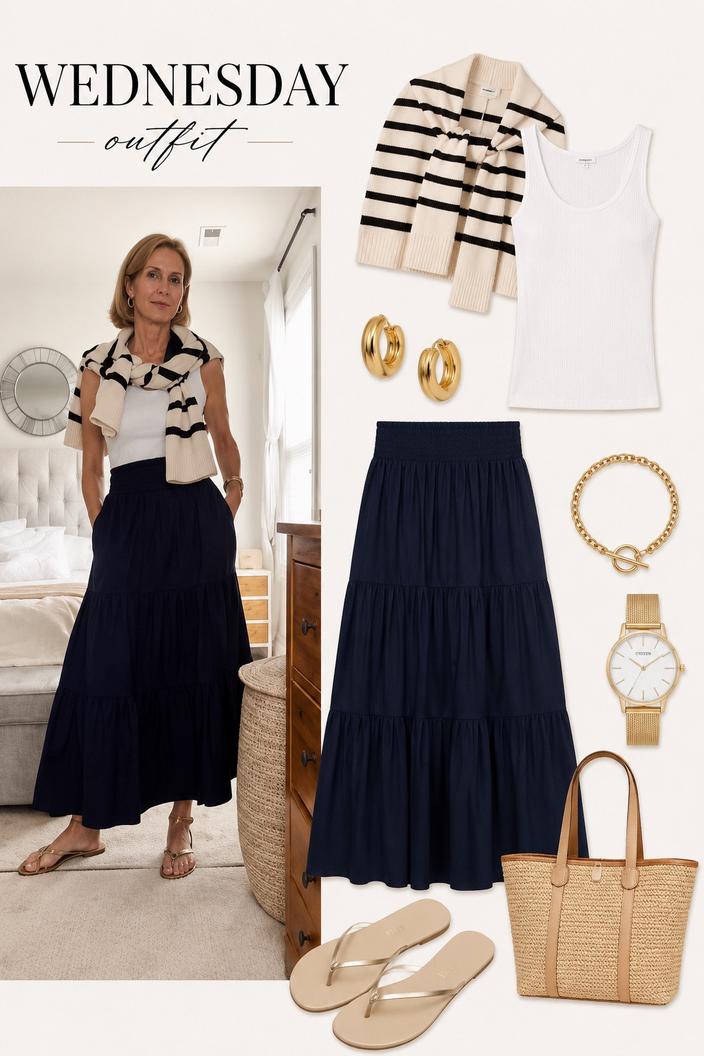 This might be my favorite outfit of the week. The navy maxi skirt paired with the simple white tank and striped sweater gives that effortless coastal look that always feels timeless. Perfect for vacation nights, summer dinners, church, or even everyday wear when you want to feel comfortable but still elevated. I finished it with simple gold accessories, a woven tote, and neutral sandals for an easy polished look. Everything is linked directly in the image.

#LTKSeasonal #LTKootd #LTKdayinmylife