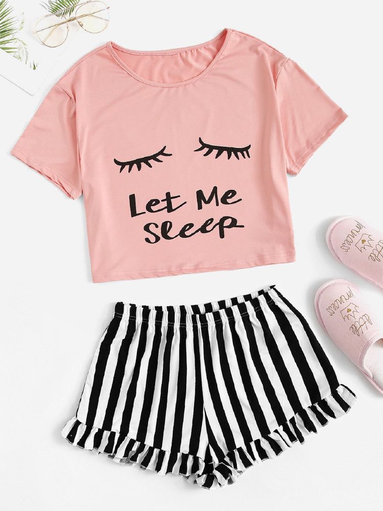 Eye and Letter Graphic Top & Ruffle Striped Shorts PJ Set | SHEIN