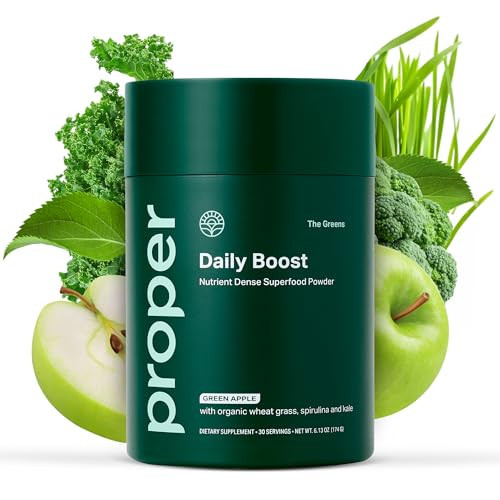 Proper, The Greens Daily Boost Organic Greens Powder. Whole Food, Apple Flavour Veggie Powder Superfood with Wheatgrass, Spirulina, Chlorella, Probiotics. Daily Drink Mix for Wellness and Digestion | Amazon (US)