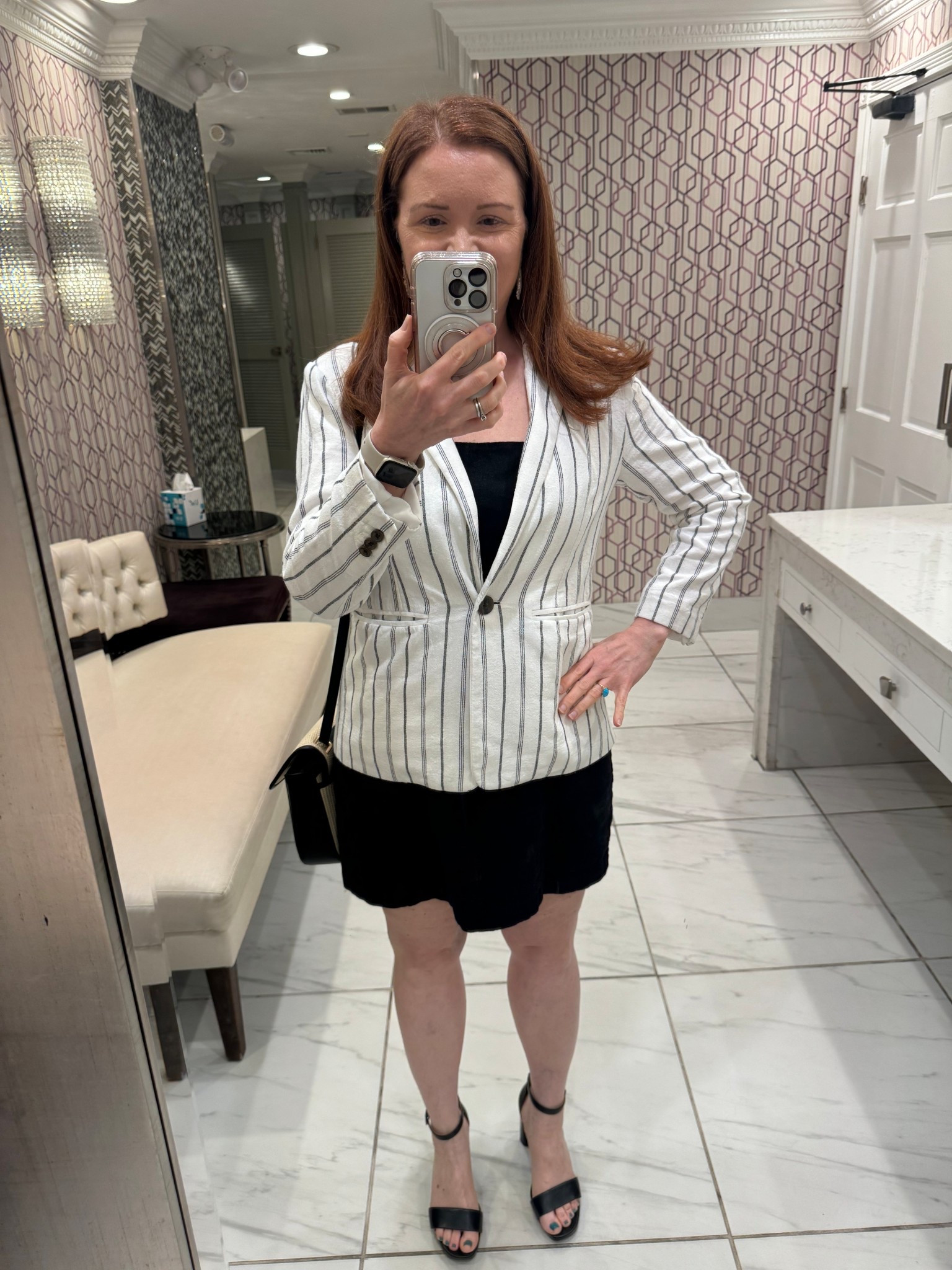 Linen summer shift dress is one of many great basic Suit separates for work from Old Navy that come in petites!  I wore it with the petite medium cream and black striped blazer. the dress is a petite medium and fits like a glove.  Platform leather heeled sandals are from Naturalizer in size 6.5.  Everything is true to size. Dress also comes in white, beige, and a yellow check pattern. 

#LTKSummerEdit #LTKParties #LTKFindsUnder50