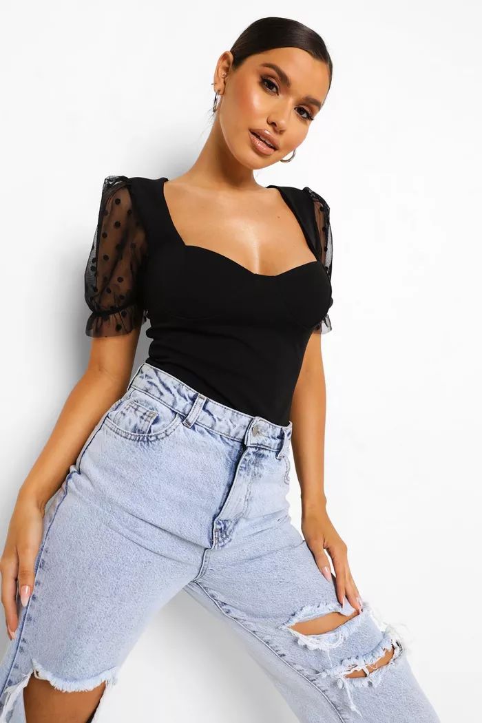 Dobby Mesh Sweetheart Neck Bodysuit | boohoo (US & Canada)