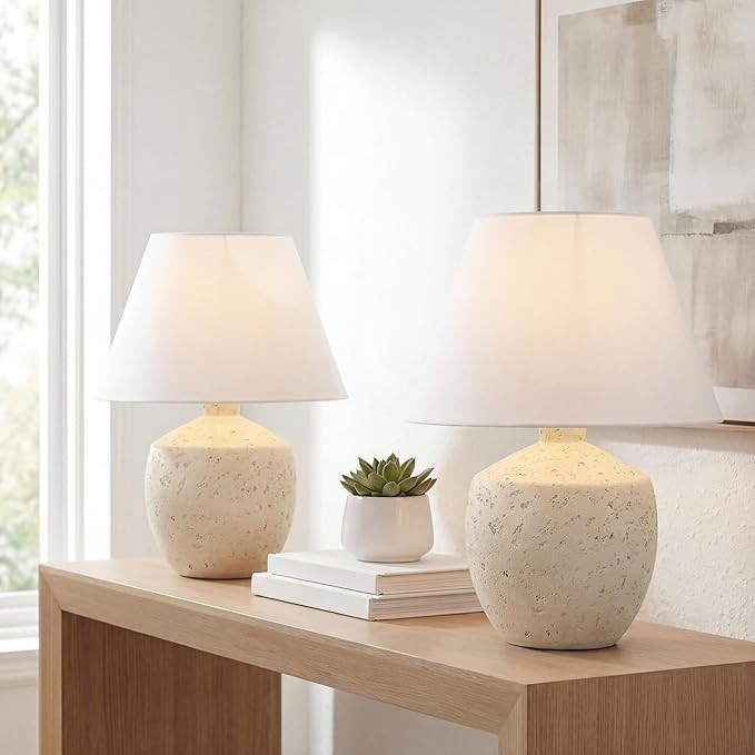 JONATHAN Y 18" Cream Modern Concrete Effect Table Lamp Set of 2, Scandinavian Bedside Lamps for B... | Amazon (US)