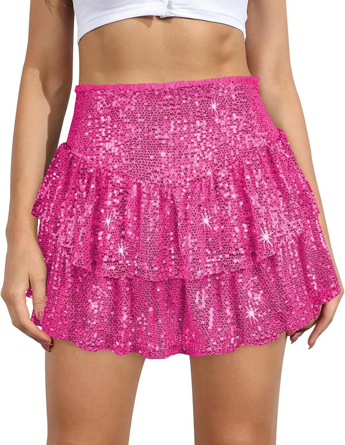 Women Sequin Skirt Sparkly Cute High Waist Ruffle Flowy Shiny Glitter Mini Short Skirts Night Out... | Amazon (US)